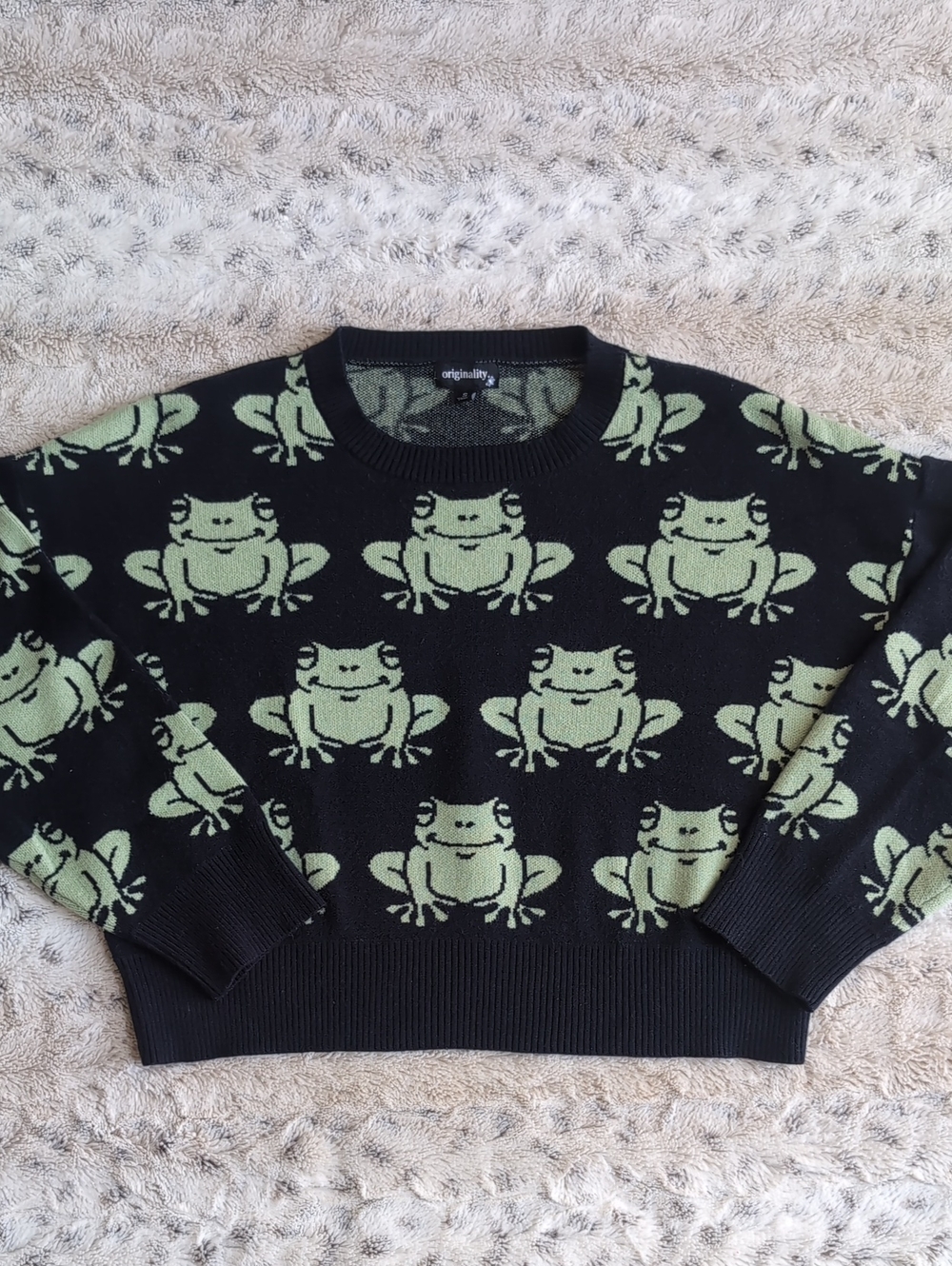 Originality Green Frog Pattern Crewneck Knit Pullover Cropped Sweater